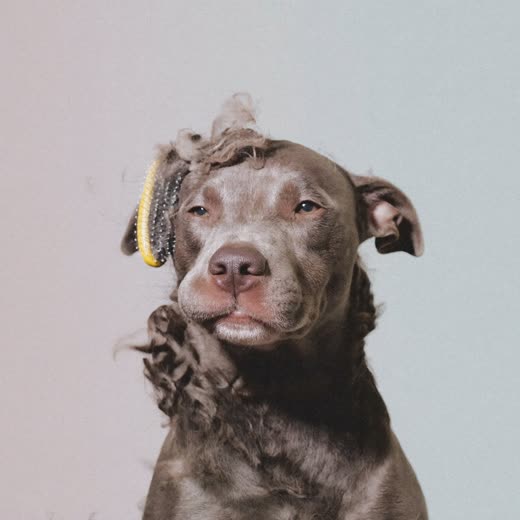 A short-coated dog being brushed with a slicker brush